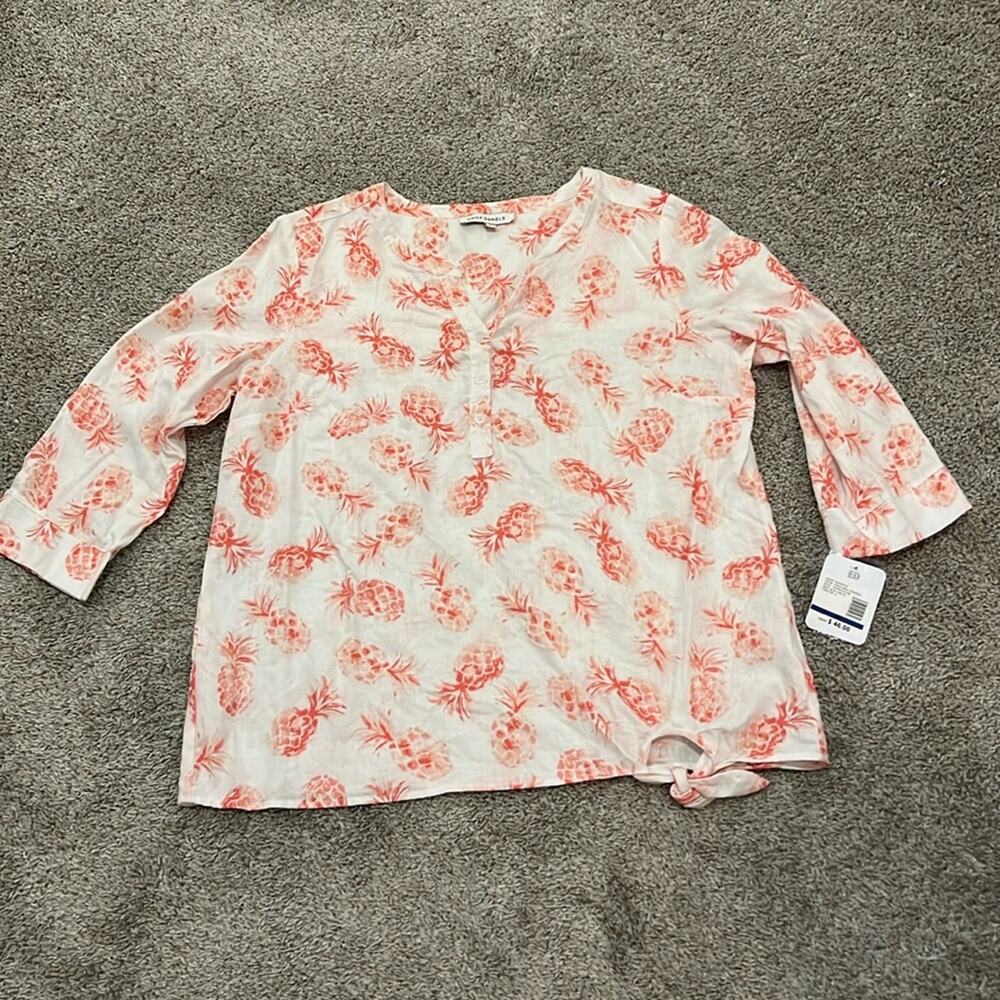 Emily Daniels Button Front pineapple side Tie blouse Top Size XL Linen Blend NEW